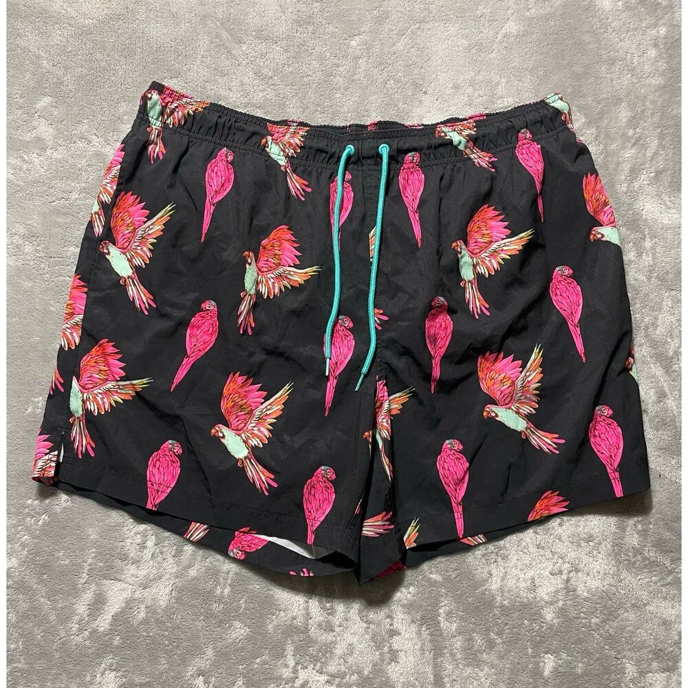 George Swim Trunks Men’s 2XG(44-46)  Black With Pinks Parrots Netting Lined
